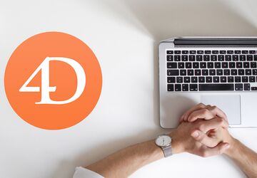 4D logo next to laptop – symbol of database and software development.